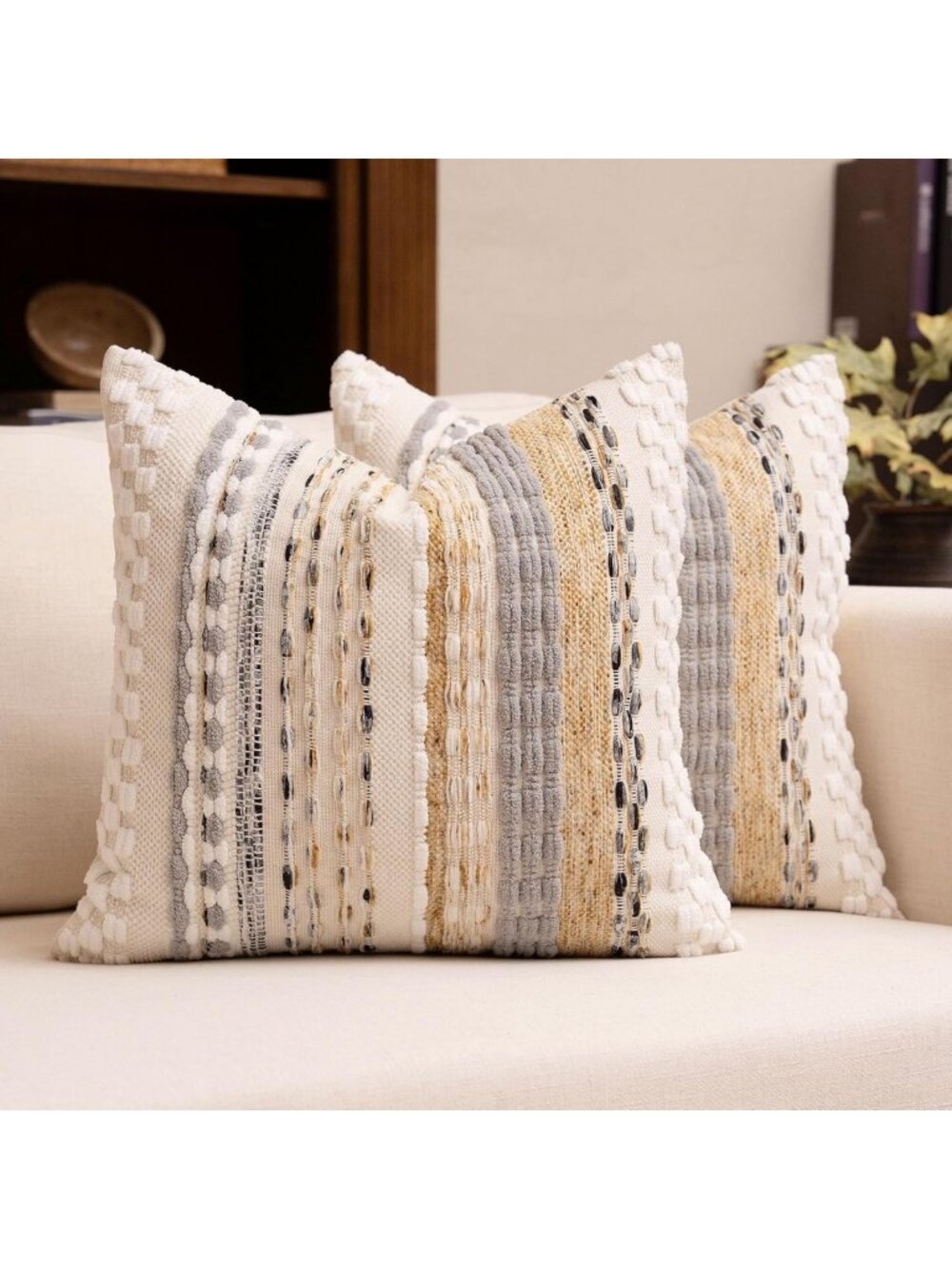 Boho Chenille Tufted Throw Pillow Covers Set of 2 | 18x18 Inch Beige Striped